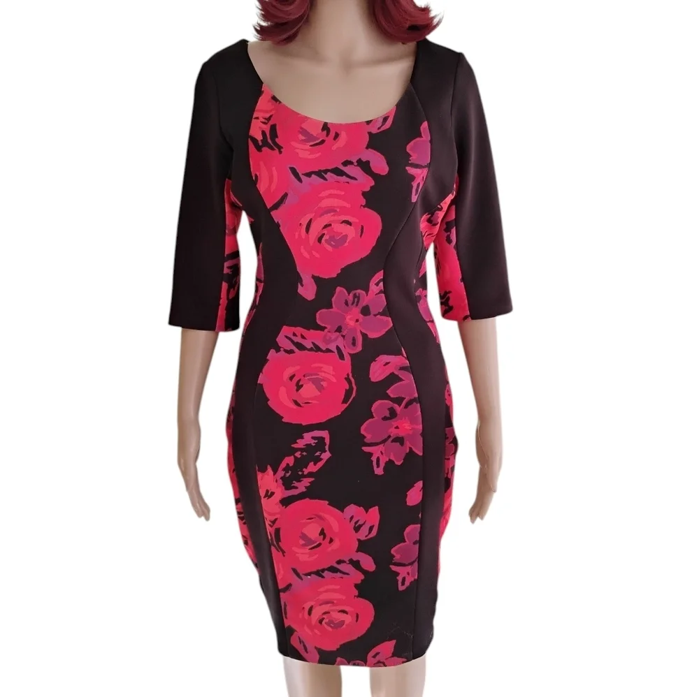 Signature By Sangria Floral Black and Pink Scuba Dress Size 8 - Picture 4 of 13